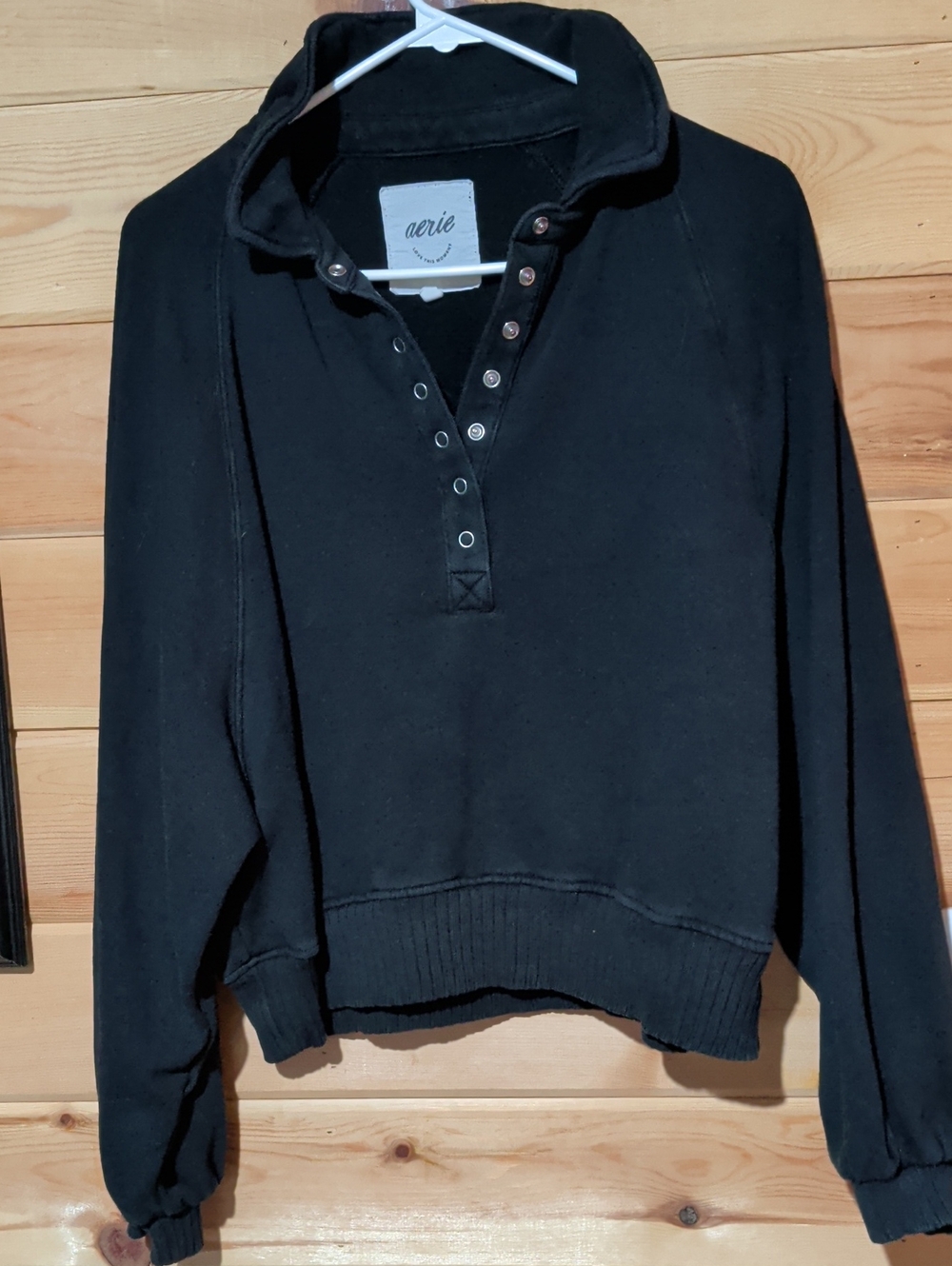 aerie Black Snap-Button Collar Pullover Sweatshirt